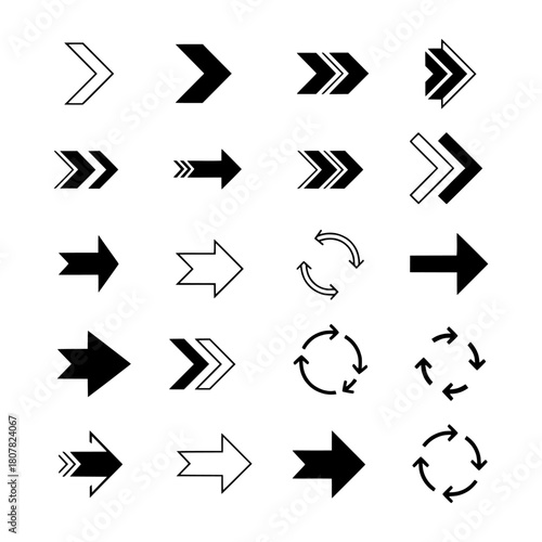 A diverse collection of black vector arrow icons, including solid, outline, and striped designs. Set of symbols for direction, navigation, refresh, and reload