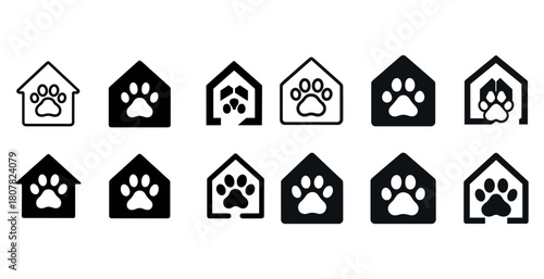 Set of pet house icons with paws in various styles and designs