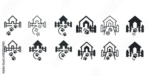 Set of black and white dog house icons with paw prints