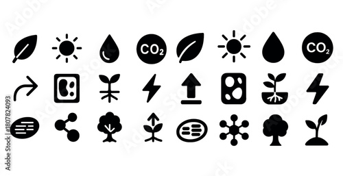 Eco icons collection: leaf, sun, co2, plant symbols for environment and sustainability