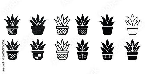 Set of decorative black and white potted plant icons