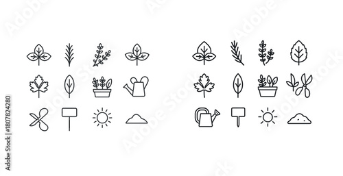 Minimalistic plant and garden icons set featuring leaves and gardening tools