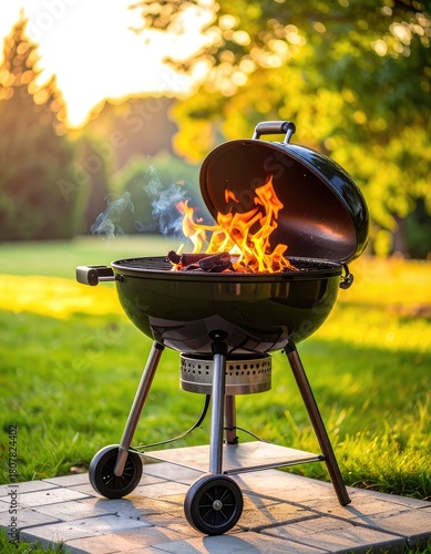 A flaming charcoal grill stands in a lush green backyard during a golden sunset