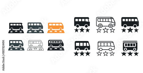 Vector icons of buses with star ratings in various styles and colors