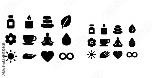Relaxation icons collection: wellness, meditation, and nature elements