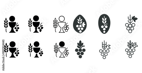 Eucharistic symbols collection: chalice, grapes, wheat icons in black and white