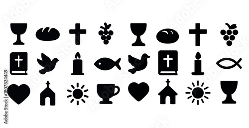 Christian symbols collection: chalice, cross, dove, bible, candle, church icons