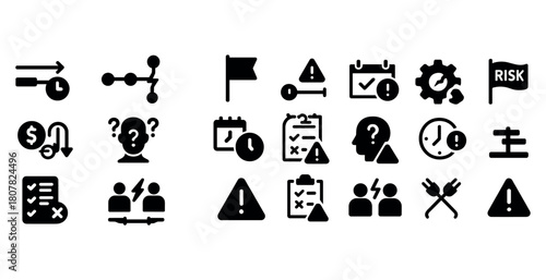 Black and white business icons set including risk, clock, flag, calendar, alerts