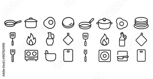 Kitchen icons set: cookware, food, and utensils in simple line art design