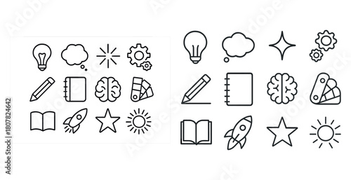 Collection of creative icons featuring light bulb, rocket, pencil, book, and brain