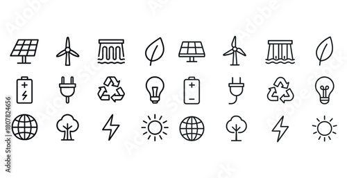 Renewable energy and sustainability icons featuring solar, wind, hydropower, and recycling symbols