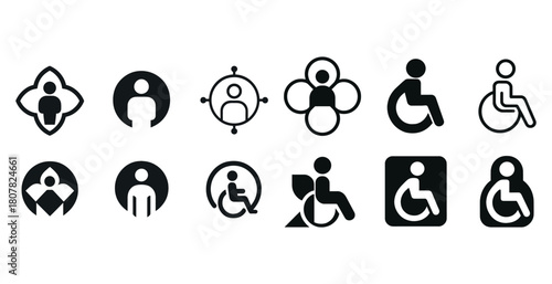 Inclusive accessibility icons collection featuring wheelchair and human symbols