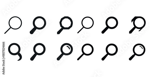 Set of 12 diverse magnifying glass icons in various designs and styles