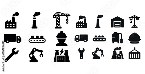 Industrial icon set: factories, machines, and tools in black and white