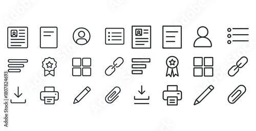 Document and office icons set with download, print, edit, and profile symbols