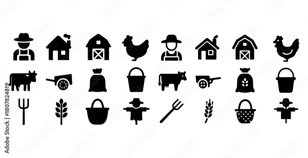 Obraz premium Farm icons set: farmer, barn, animals, tools, harvest