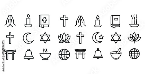 Line art icons of diverse religious symbols including cross and star
