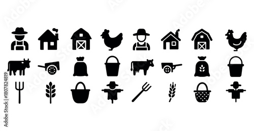 Farm icons set: farmer, barn, animals, tools, harvest