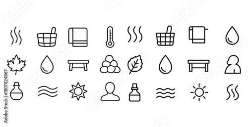 Collection of sauna icons with buckets, towels, thermometers, and more