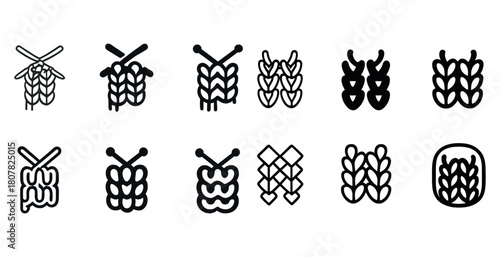 Set of 12 unique knitting and weaving patterns in black and white icons