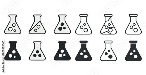 Set of black and white laboratory flask icons in various styles