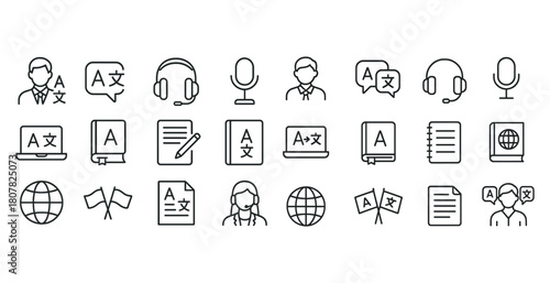 Language interpretation icons set with people and tools