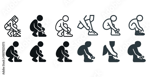 Collection of diverse stick figures tying shoes in various poses