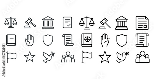 Set of legal and justice icons featuring scales, gavels, documents, and courthouse symbols