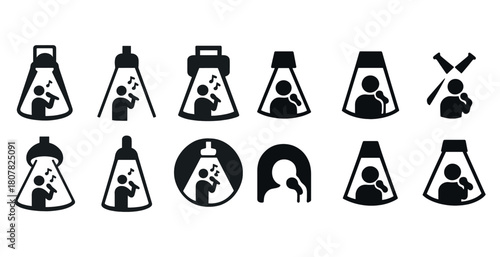 Diverse singing icons set featuring microphones and speakers
