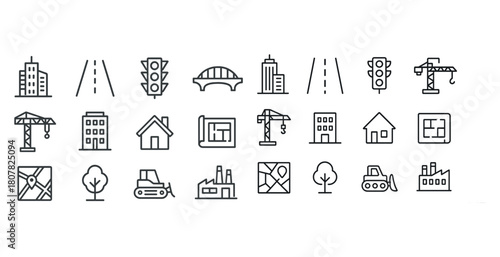 Construction and urban planning icons: buildings, roads, traffic signals, cranes, maps, trees