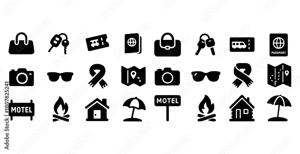 Fototapeta premium Travel icons: passport, keys, camera, map, motel, campfire, beach umbrella