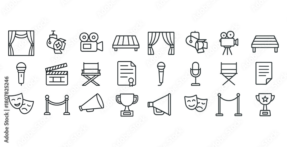 Fototapeta premium Theater and film icons set with curtains, cameras, awards, and microphones