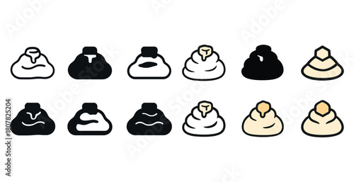 Assorted kawaii dumplings icons in black and white with cute expressions