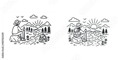 Male hiker enjoying scenic mountain view at sunrise in nature