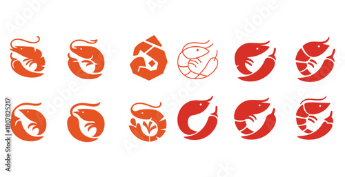 Collection of red abstract shrimp logos and icons in various designs