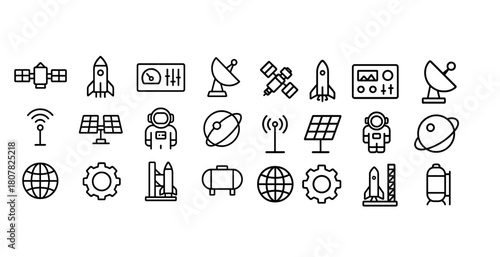 Space exploration icons set with satellites, rockets, and astronauts