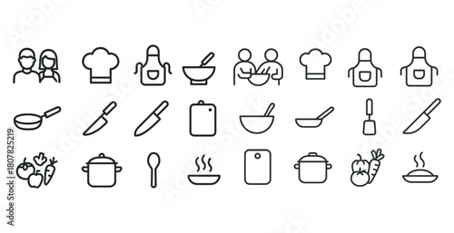 Cooking icons set: chefs, utensils, and food preparation symbols