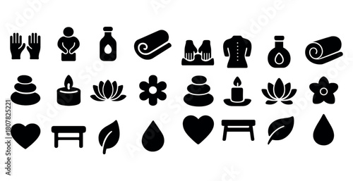 Spa and relaxation icons: massage, aromatherapy, and wellness symbols