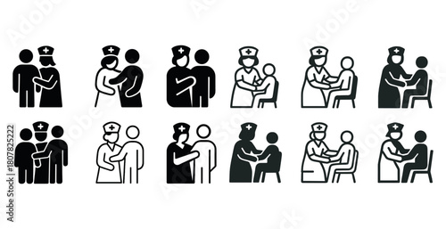 Healthcare icons: medical staff interacting with patients in various scenarios