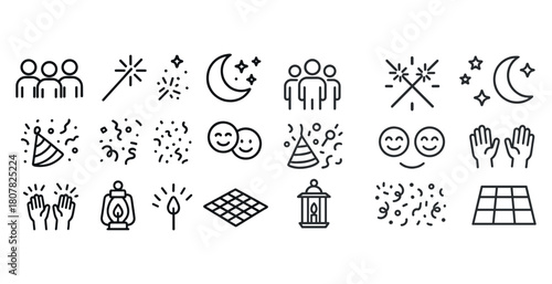 Minimalist celebration icons: people, fireworks, moon, lanterns, confetti