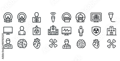 Medical imaging icons set: mri, x-ray, ultrasound, hospital, doctor symbols