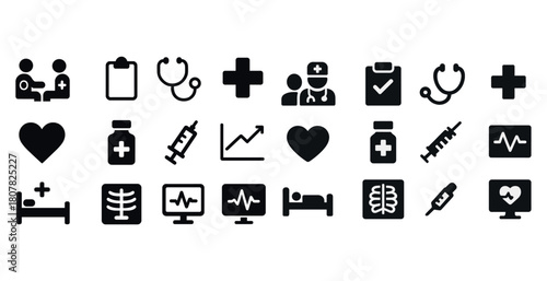 Medical icons collection with healthcare symbols stethoscope heart
