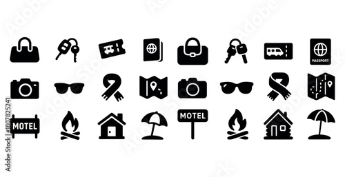 Travel icons: passport, keys, camera, map, motel, campfire, beach umbrella