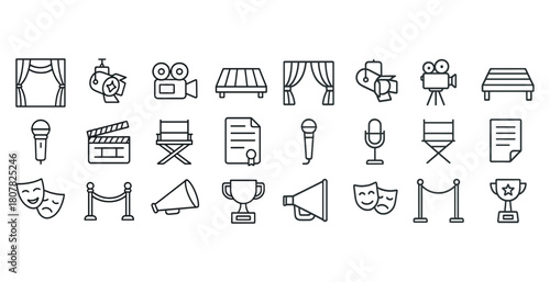 Theater and film icons set with curtains, cameras, awards, and microphones