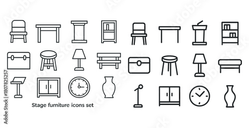 Stage furniture icons set: chairs, tables, podiums, cabinets, lamps, and more
