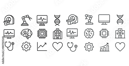Medical and technology icons set featuring mri, robot arm, dna, brain, and hospital symbols
