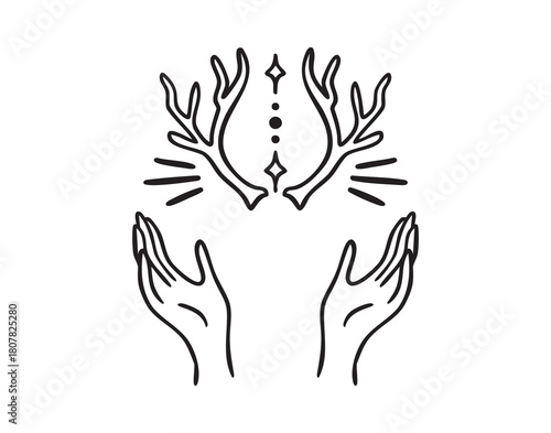 Two open hands with deer antlers, wow effect, monochrome line art hand drawn style