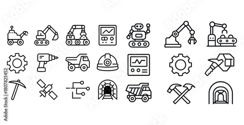 Mining and robotics equipment icons set: tools, vehicles, and machinery outline