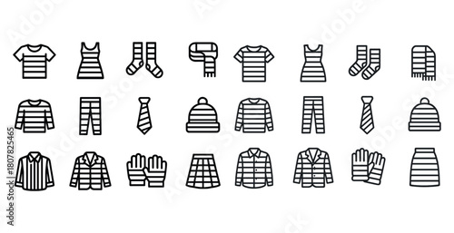 Outline icons set of clothing: shirts, accessories, outerwear in black and white