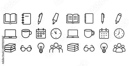 Minimalist office icons set: book, notebook, pen, laptop, mug, clock, glasses, bulb
